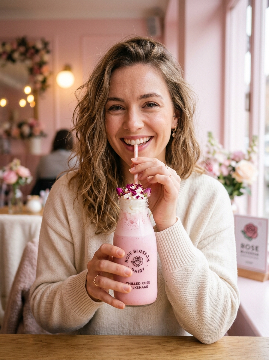 Joyful girl drinking fresh chilled rose milk shake at Shiv Juice Center Sonia Vihar
